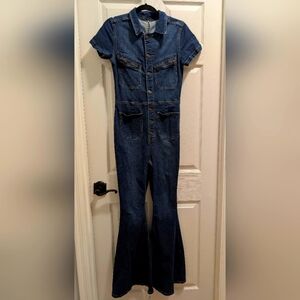 Free People Dark Blue Denim Flare Bottom Jumpsuit Size M
